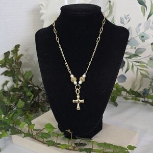 Gold Filled Paperclip Figaro Chain Necklace with Cross Pendant